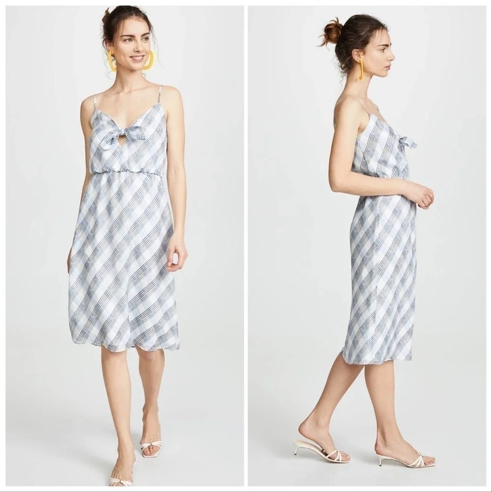 JOIE Plaid White & Blue Abiah 100% Silk Midi Dress Size Medium